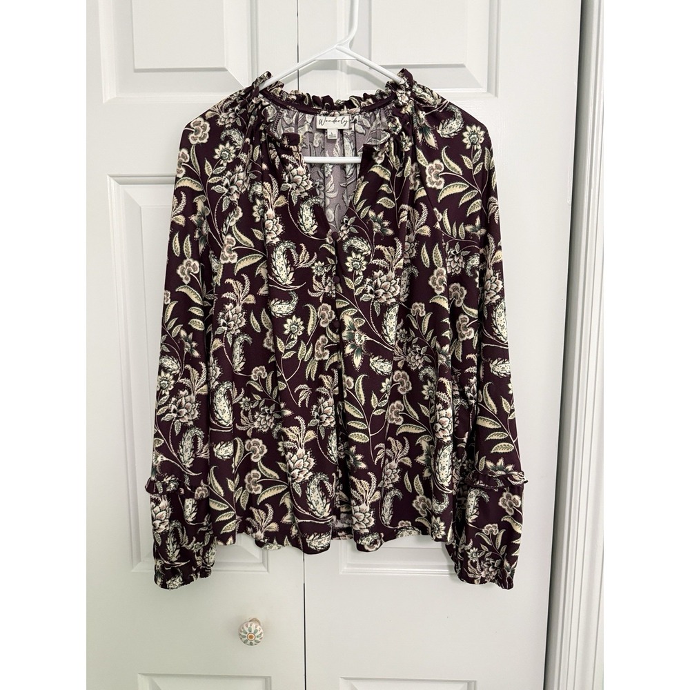 Wonderly Women's Maroon Floral Button Up Blouse Top Size L Boho Ivy Paisley